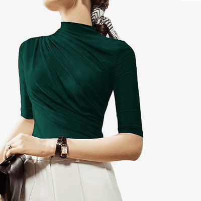 dressy top for work outfits with mock neck, half sleeve, and a lot of ruching and draping