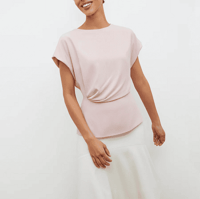dressy top for work outfits from MMLF; it is a pale pink and has a draped waist detail