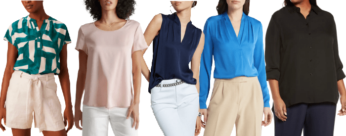 collage of 5 different kinds of silk blouses: 1) short-sleeved silk blouse, 2) silk t-shirt blouse, 3) sleeveless silk blouse, 4) silk popover blouse, 5) silk button-front blouse