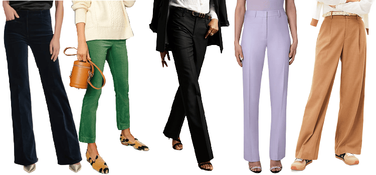 link goes to a selection of warm women's dress pants for winter from Boss at Nordstrom collage of 5 kinds of warm winter dress pants for women: velvet, corduroy, wool blend, cashmere blend, flannel