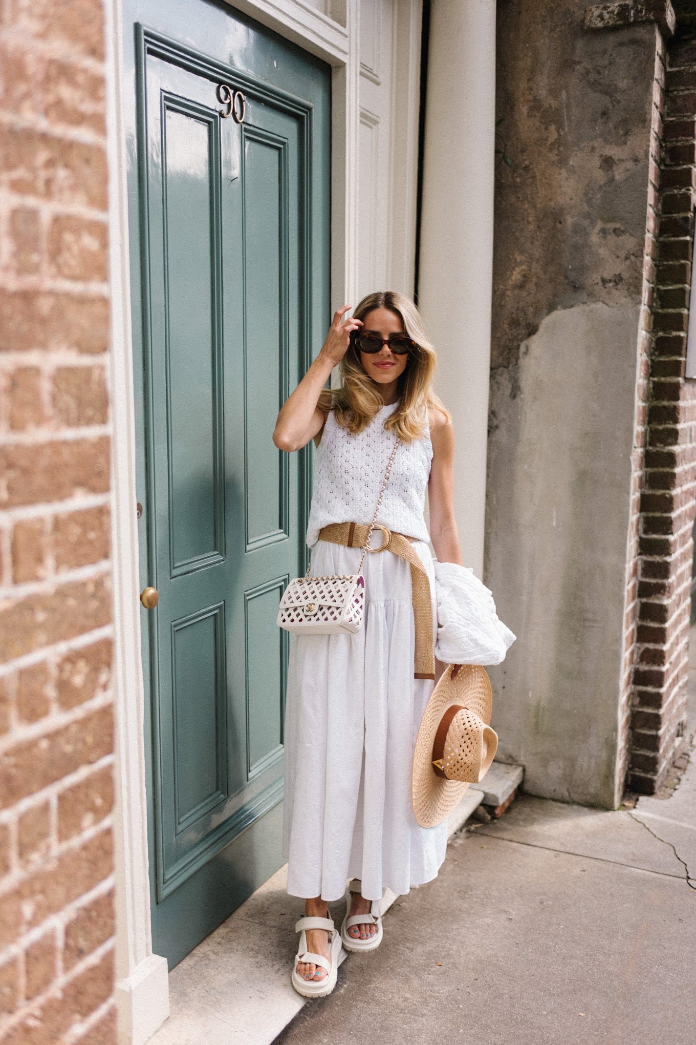 white croochet top and cardigan white skirt