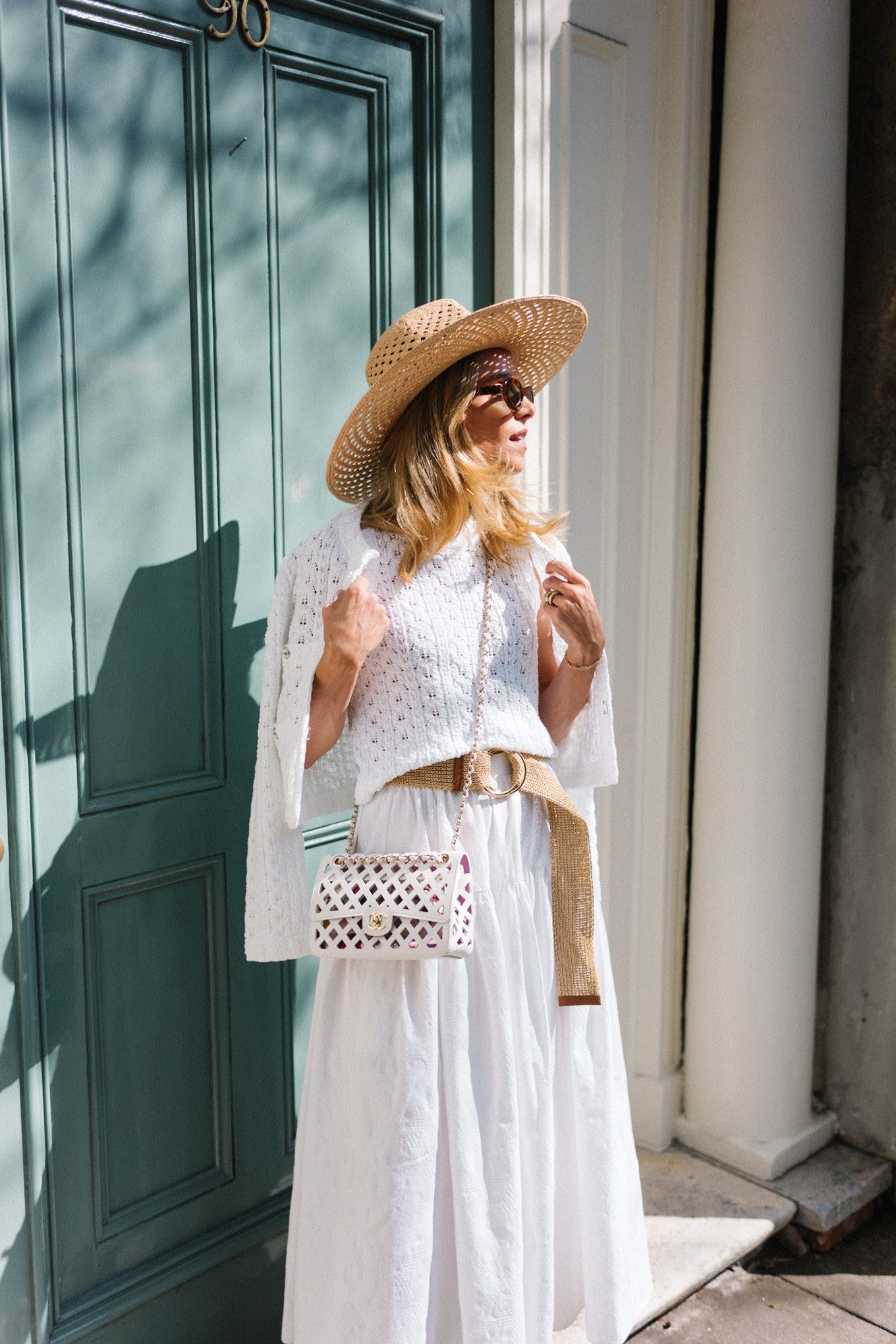 white croochet top and cardigan white skirt