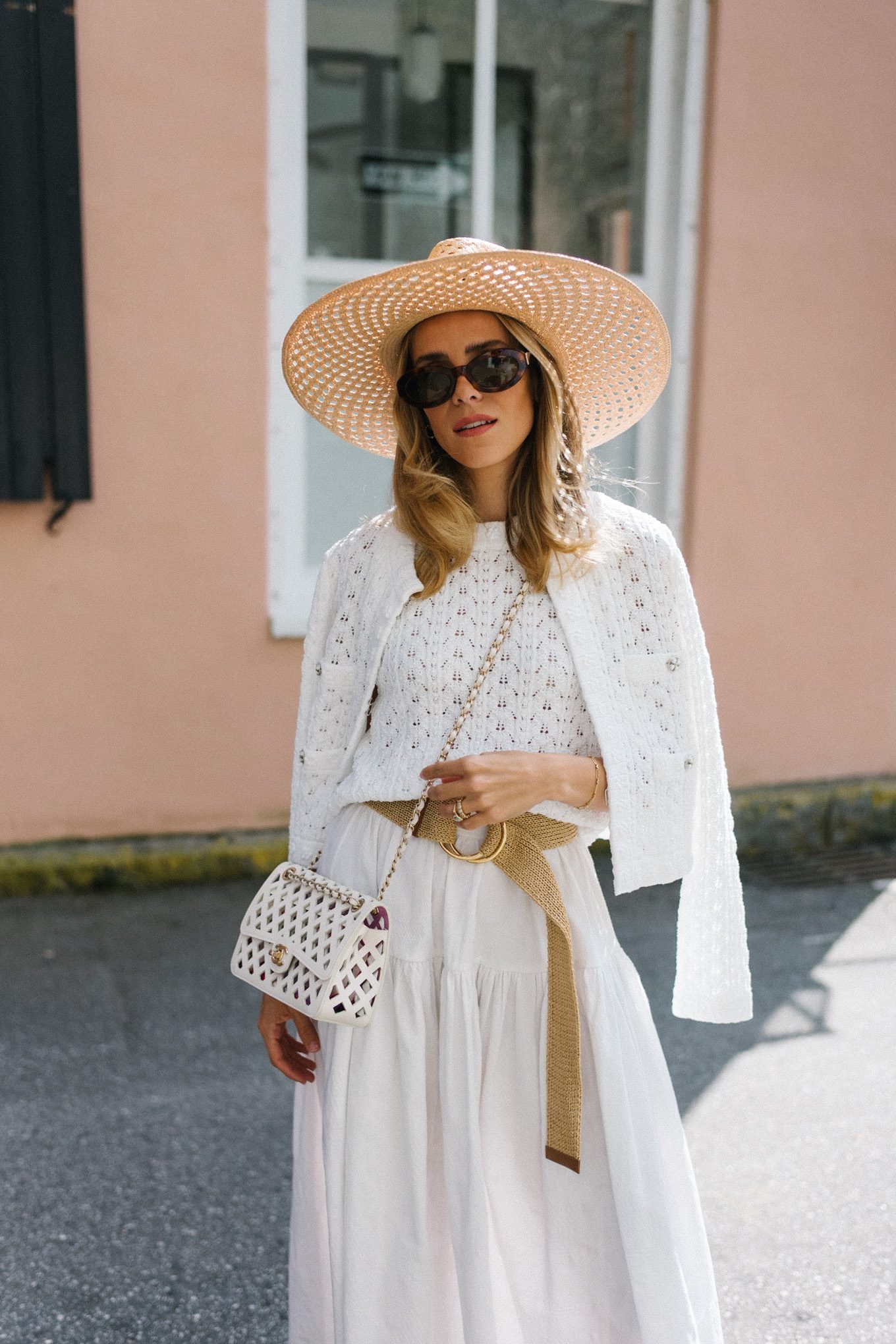 white croochet top and cardigan white skirt