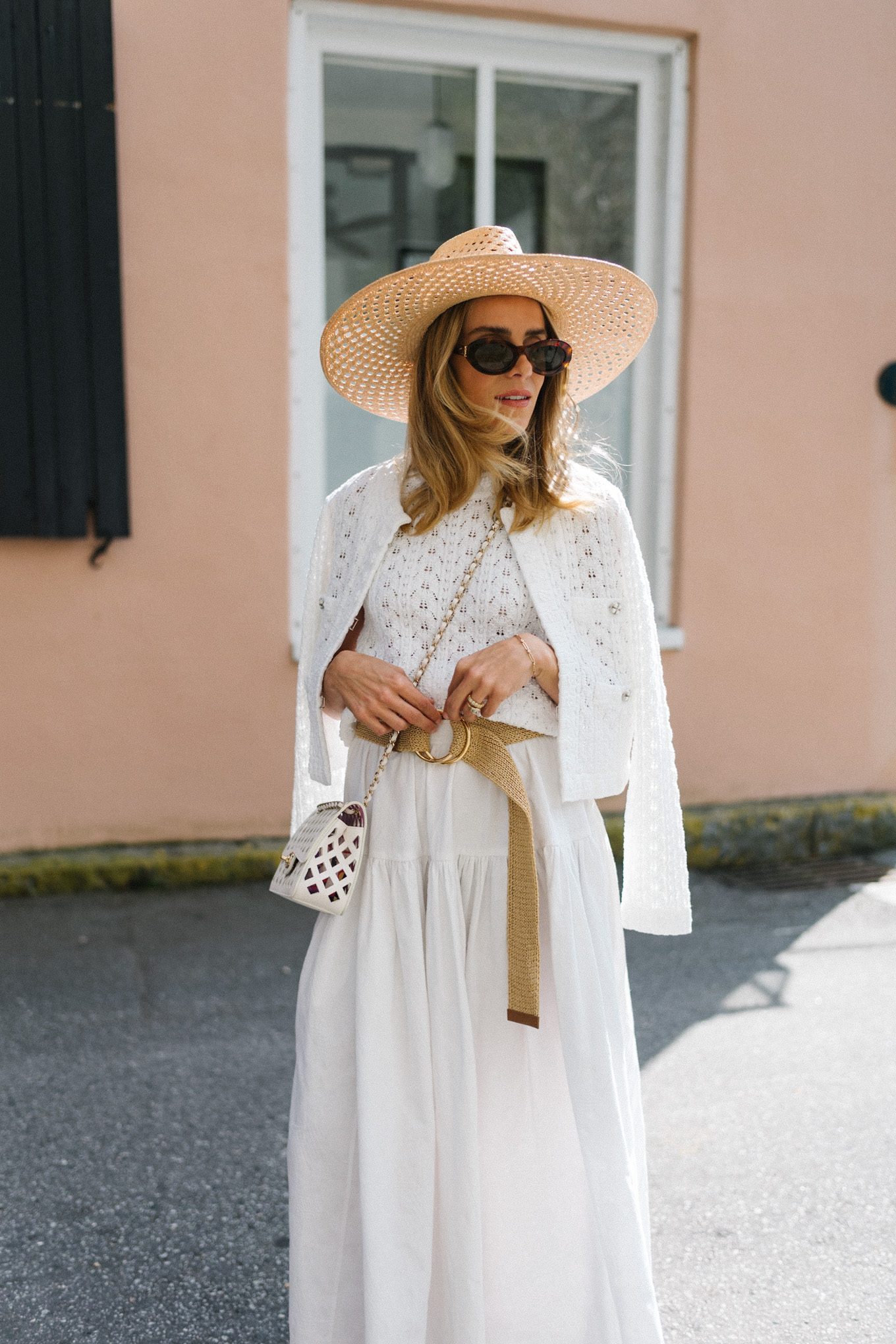 white croochet top and cardigan white skirt