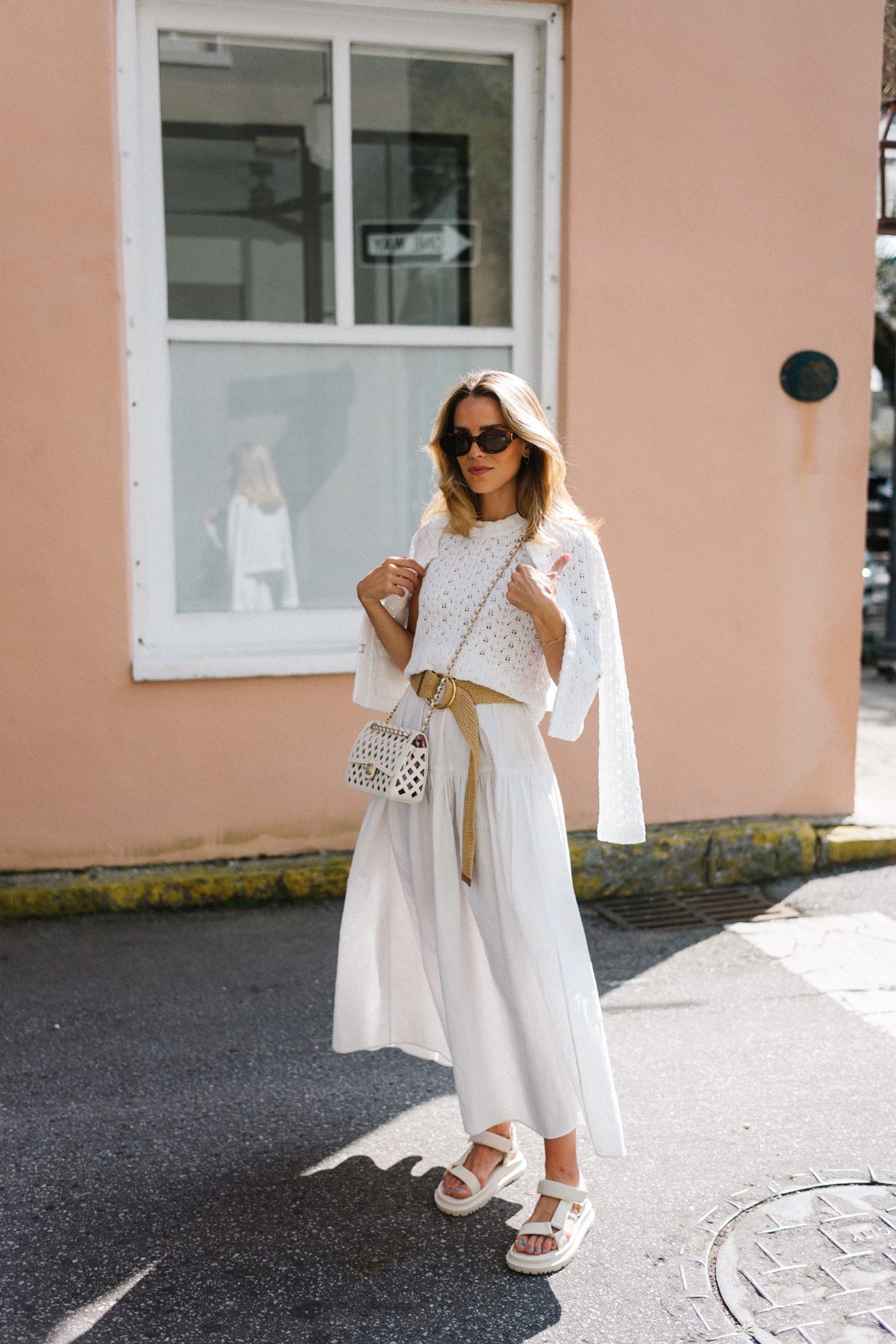 white croochet top and cardigan white skirt