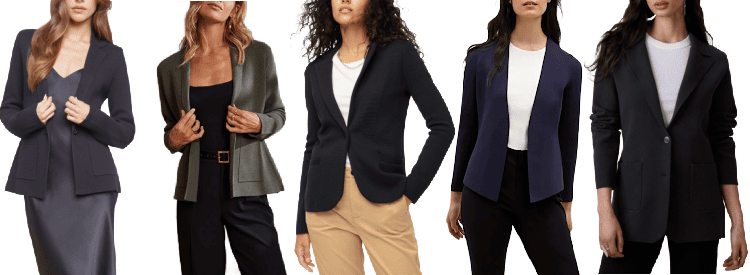 the best sweater jackets for the office or working from home collage of 5 women wearing the best sweater jackets for the office in 2023-24