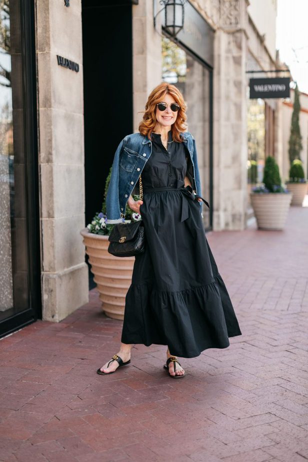 woman AFFORDABLE BLACK DRESS FOR SPRING and denim jacket