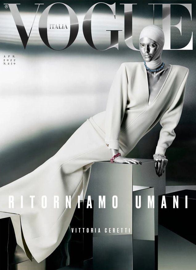 Vittoria Ceretti Sports Silver Body Paint and Saint Laurent on Vogue Italia’s April 2022 Cover