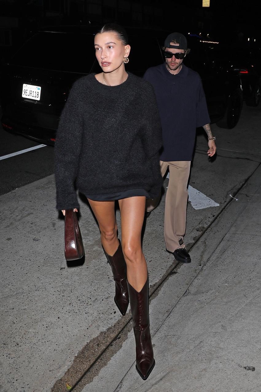 Hailey Bieber Wore This Buzzy Boot Trend With Just a Sweater