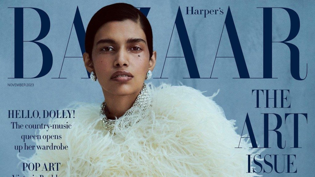 Pooja Mor Poses on the ‘Peaceful, Soft and Chic’ November 2023 Cover of British Harper’s Bazaar
