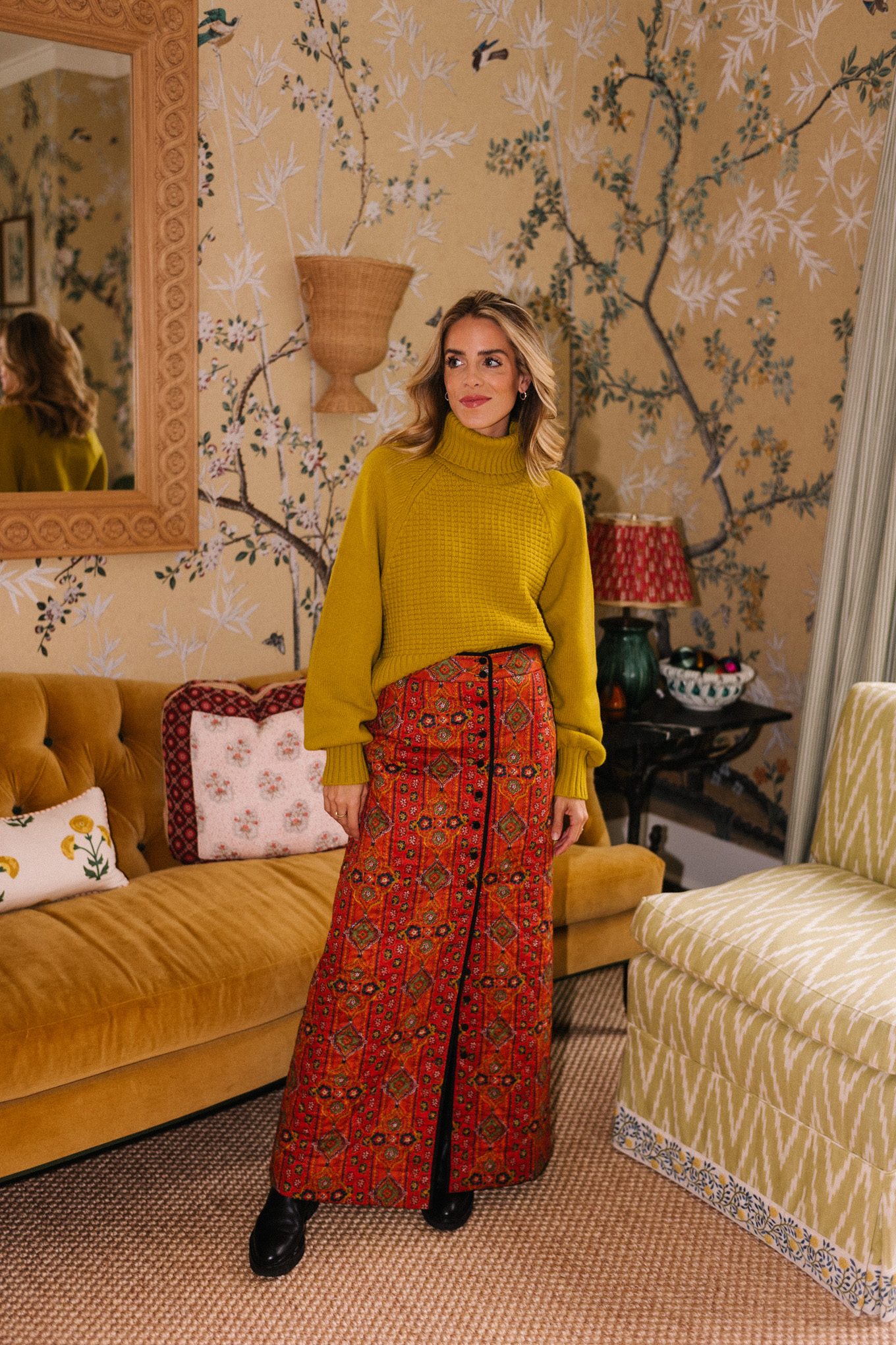 gold turtleneck sweater patterned maxi skirt