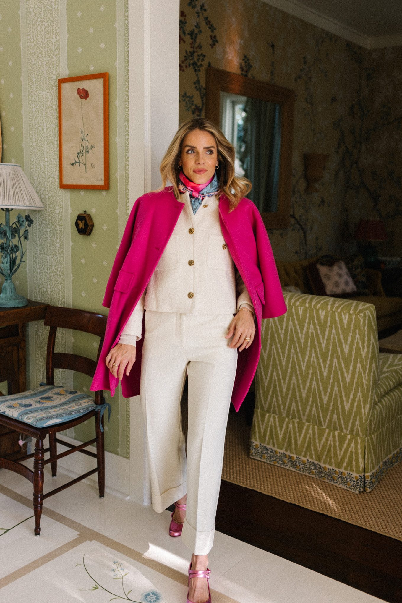 pink coat white jacket white pants pink pumps