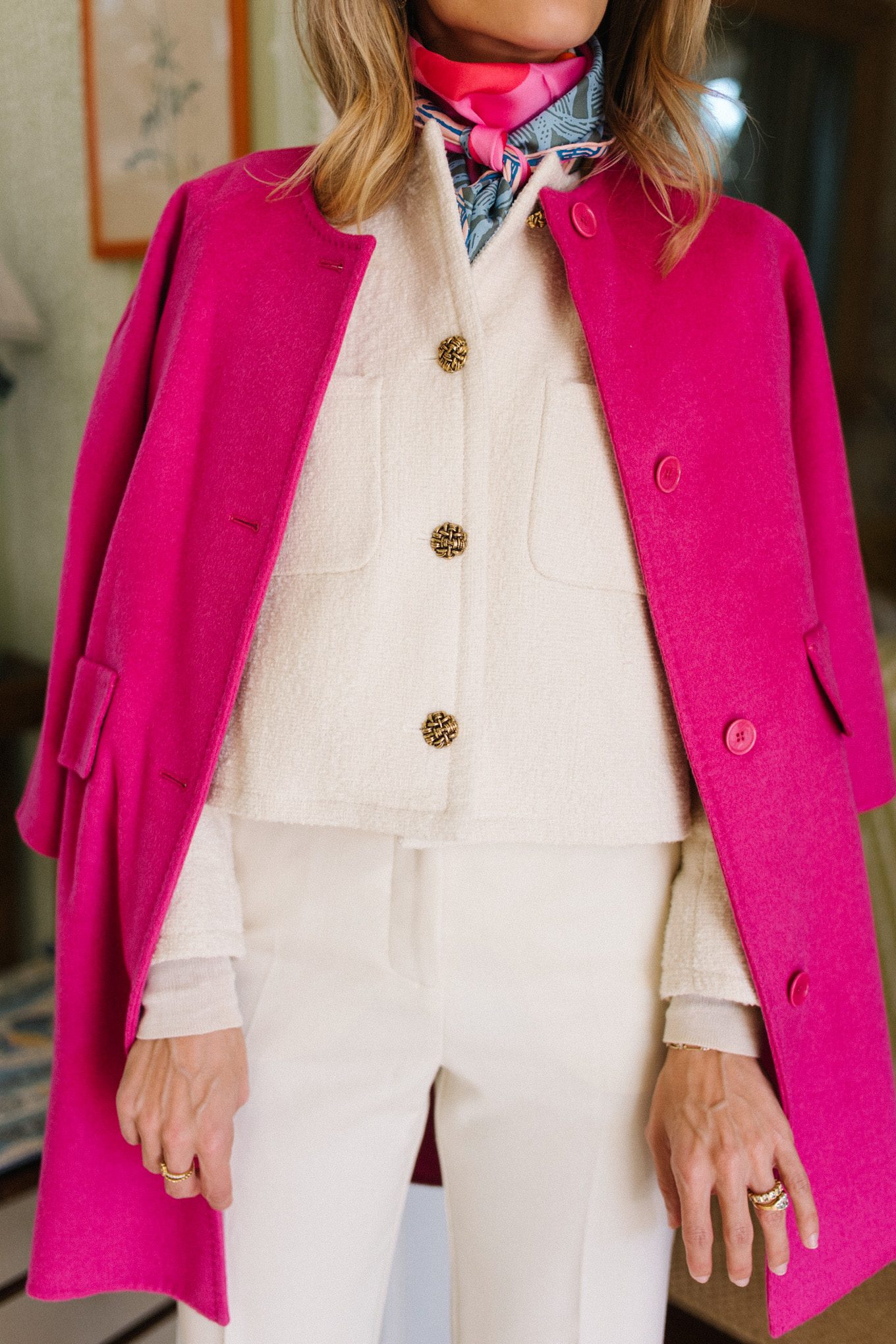 pink coat white jacket white pants pink pumps