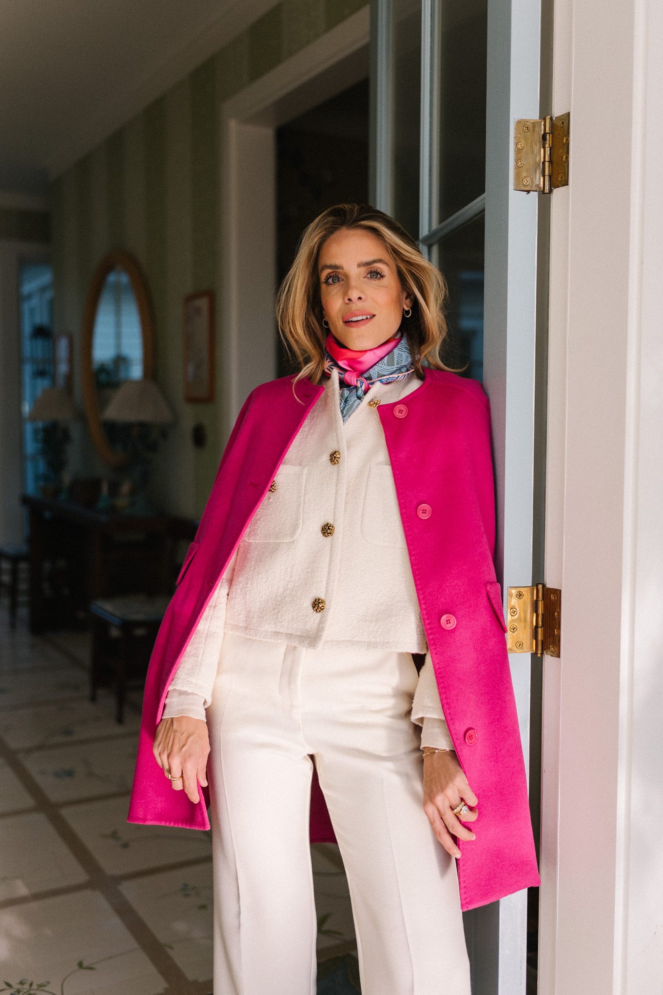 pink coat white jacket white pants pink pumps
