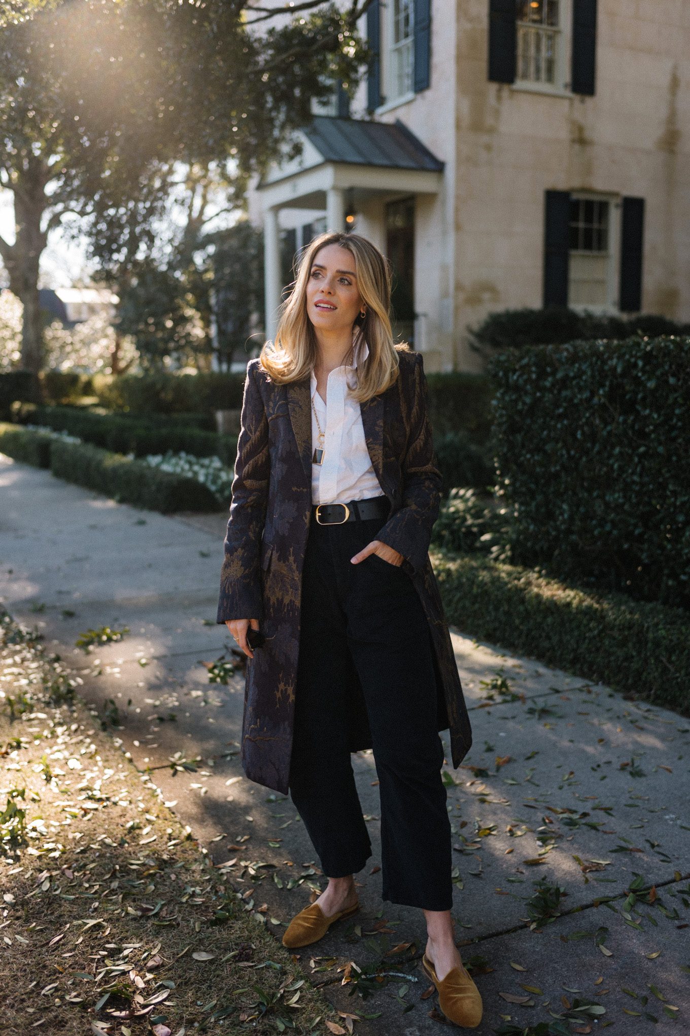 jacquard coat white button down black pants