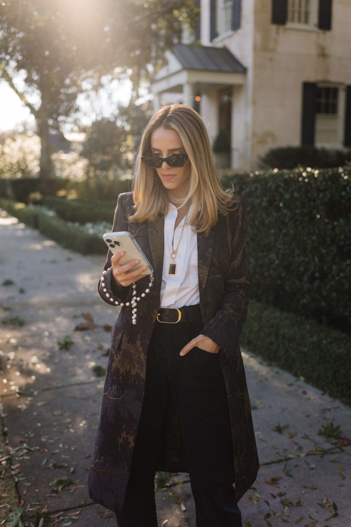jacquard coat white button down black pants