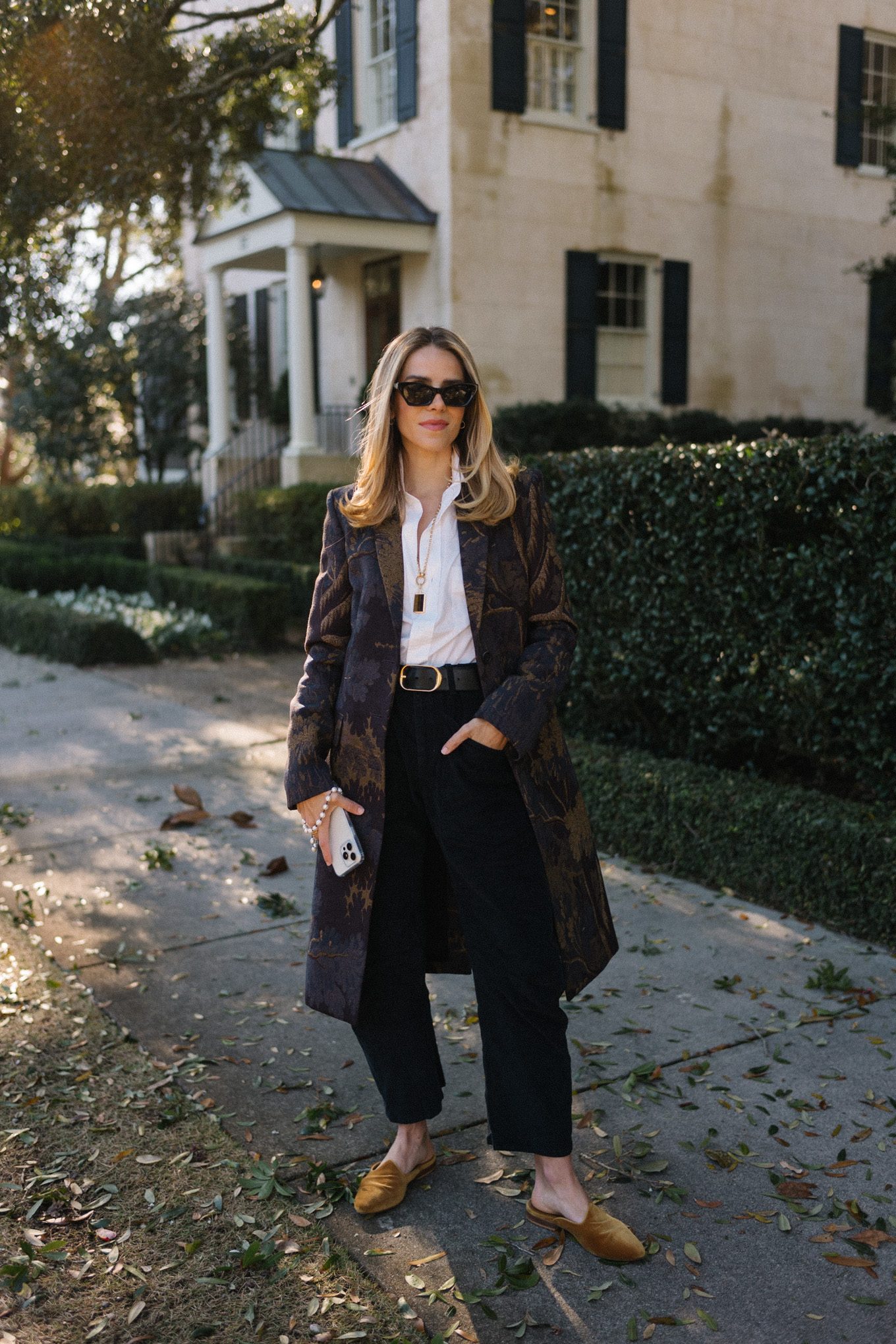 jacquard coat white button down black pants