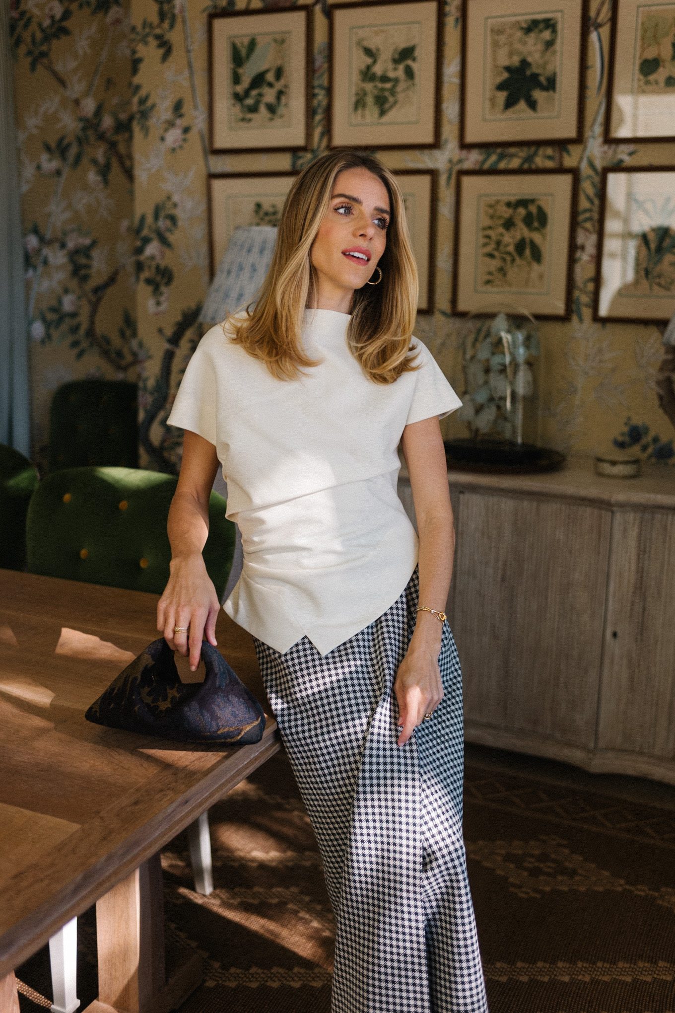 black and white houndstooth wrap skirt white blouse