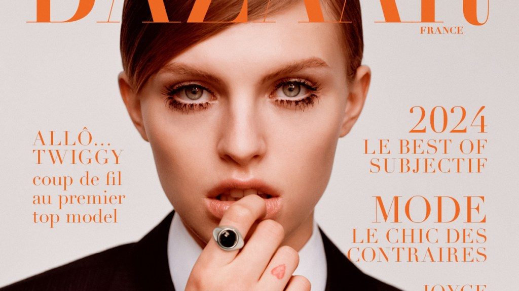 Karolina Spakowski Morphs Into Twiggy on the February 2024 Cover of Harper’s Bazaar France