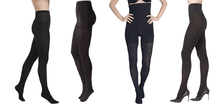 link to Amazon product page for Hue collage of 4 of the best tights for work: 1) Hue 2) DKNY 3) Spanx 4) Commando