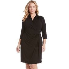 stretchy dress with V-neck and cascading ruffle-ish detail that begins at waist and goes down side of skirt